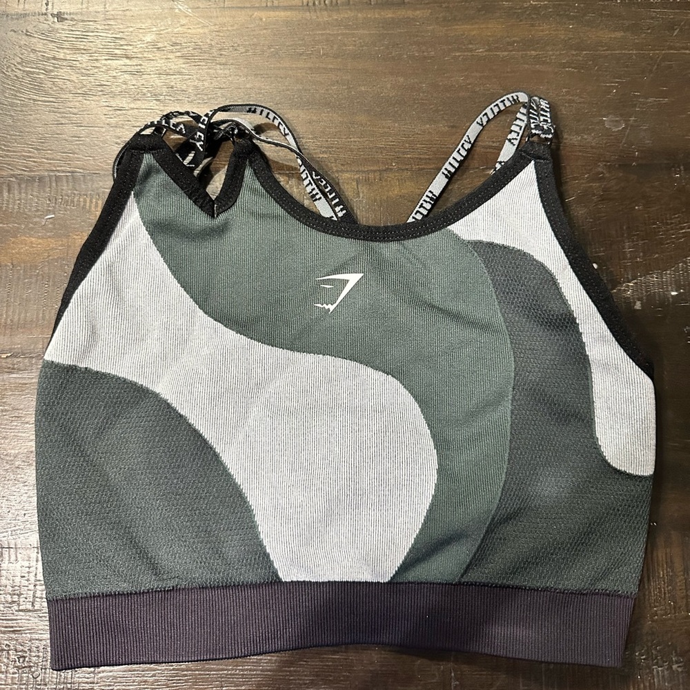 black and grey gym shark sports bra